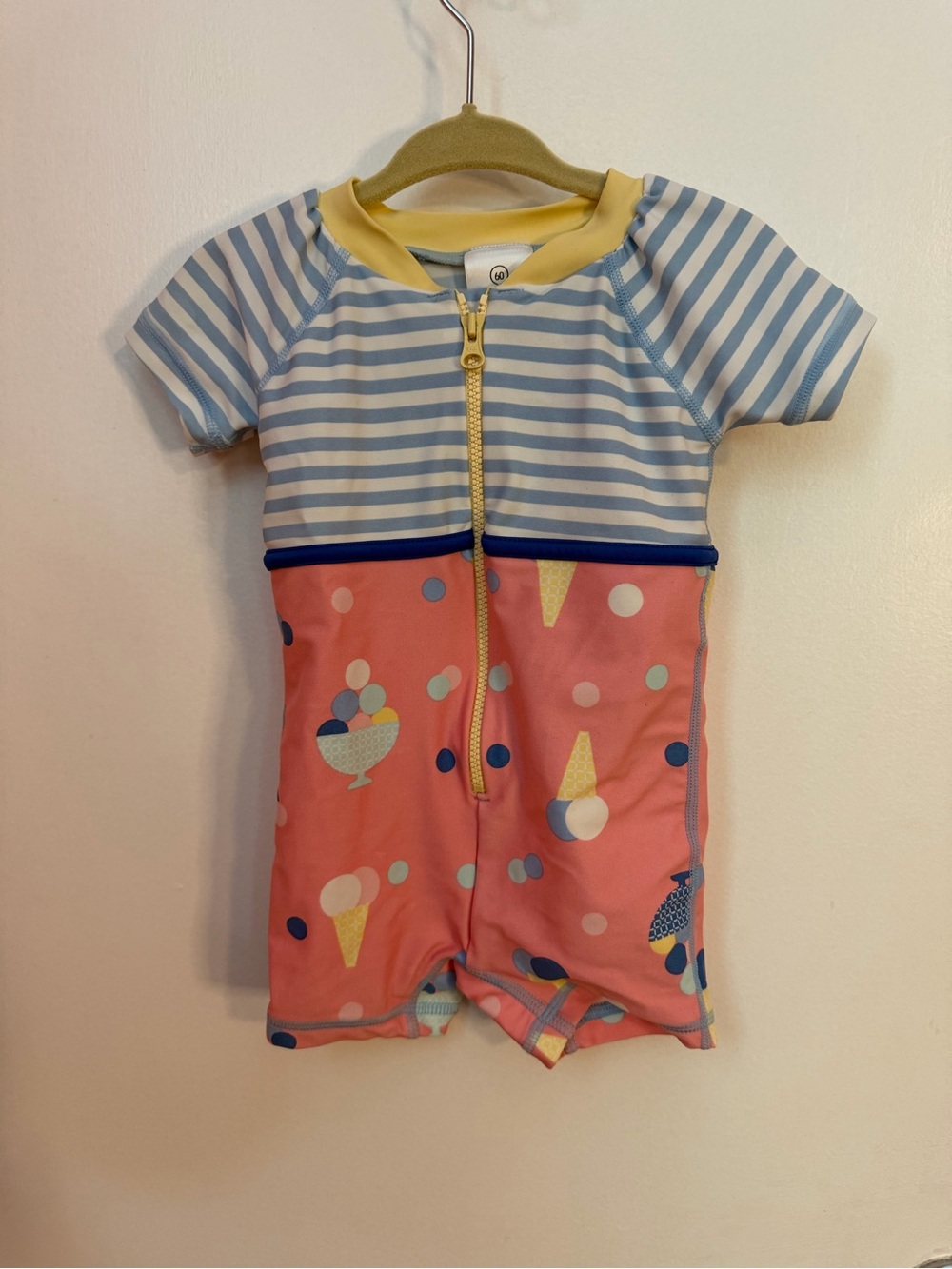 Hanna Andersson Light Blue and Cream Striped Baby Zip Romper Swimsuit